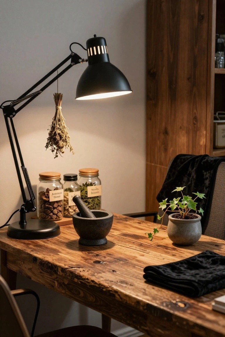 Wooden desk holding glass jars with dried herbs and nuts, a black stone mortar and pestle, a desk lamp, hanging dried plant bundle, small potted ivy plant, and black throw blanket in a warmly lit room with wooden cabinetry.