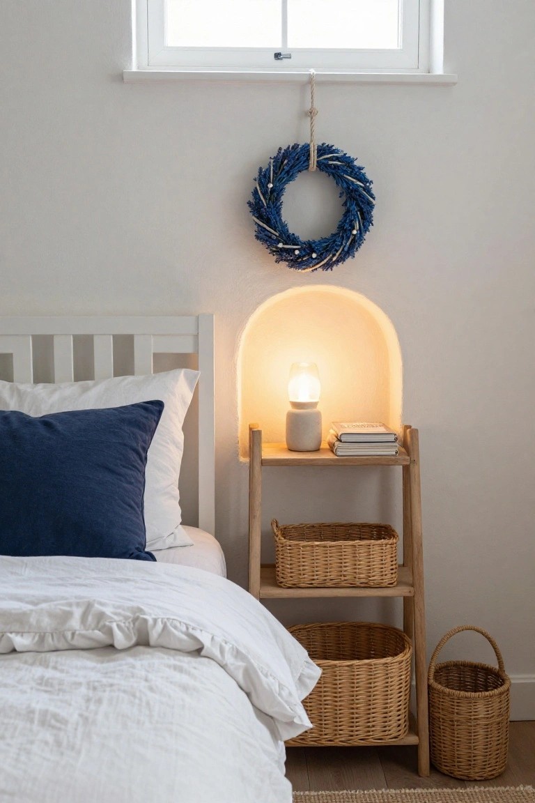 White bed with navy pillow and white duvet in a light bedroom, arched wall niche with lit ceramic lamp, wooden ladder shelf with woven baskets and books, blue lavender wreath hanging on wall, and window with sheer curtain.