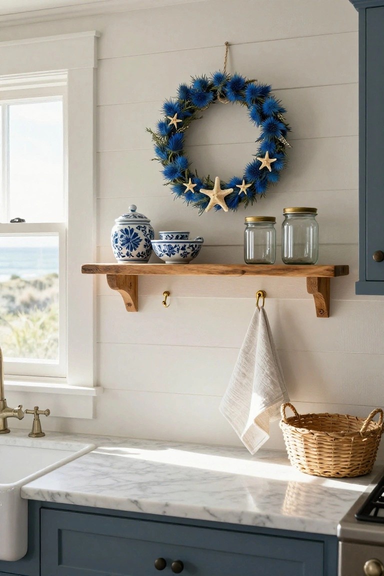 A blue thistle wreath adorned with starfish hangs from rope above a wooden shelf holding a blue and white ginger jar, bowls, and glass jars in a shiplap-walled kitchen with marble counters, sink, and ocean view window.