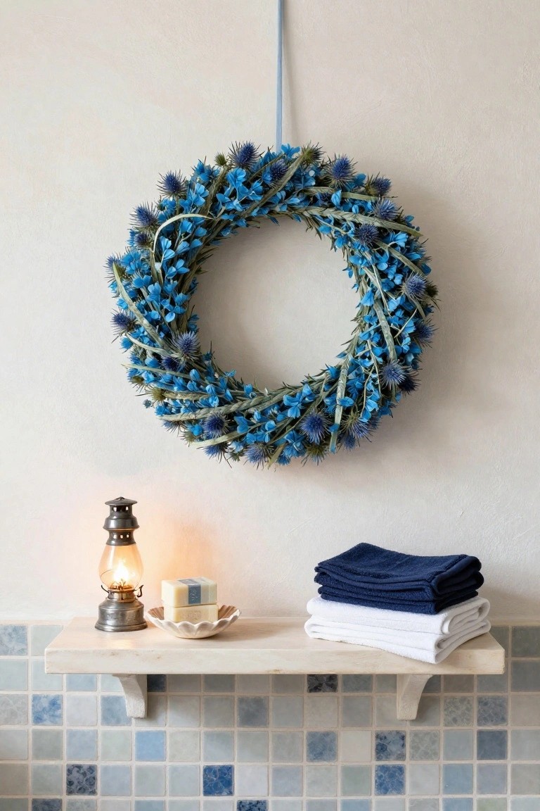 Blue thistle wreath hanging on a beige bathroom wall above a wooden shelf with a metal lantern, soap dish, and stacks of navy and white towels, blue mosaic tile backsplash below