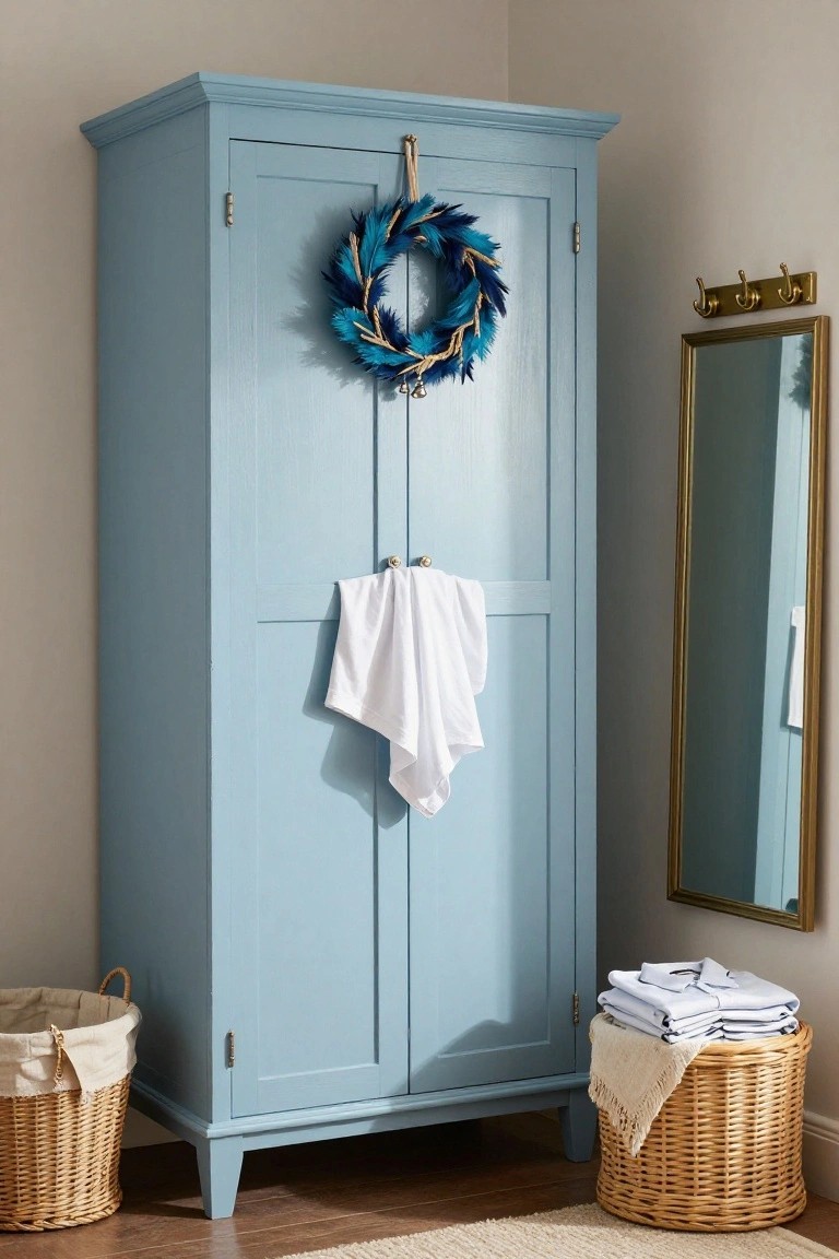 Tall blue painted wooden wardrobe in room corner with blue feather wreath on doors, white towel draped on one door, two wicker baskets holding folded linens and towels on floor nearby, gold wall light and mirror beside it.
