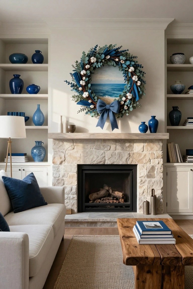 Living room with built-in shelves holding blue ceramic vases flanking a large blue eucalyptus and cotton boll wreath hung above a limestone mantel and fireplace.