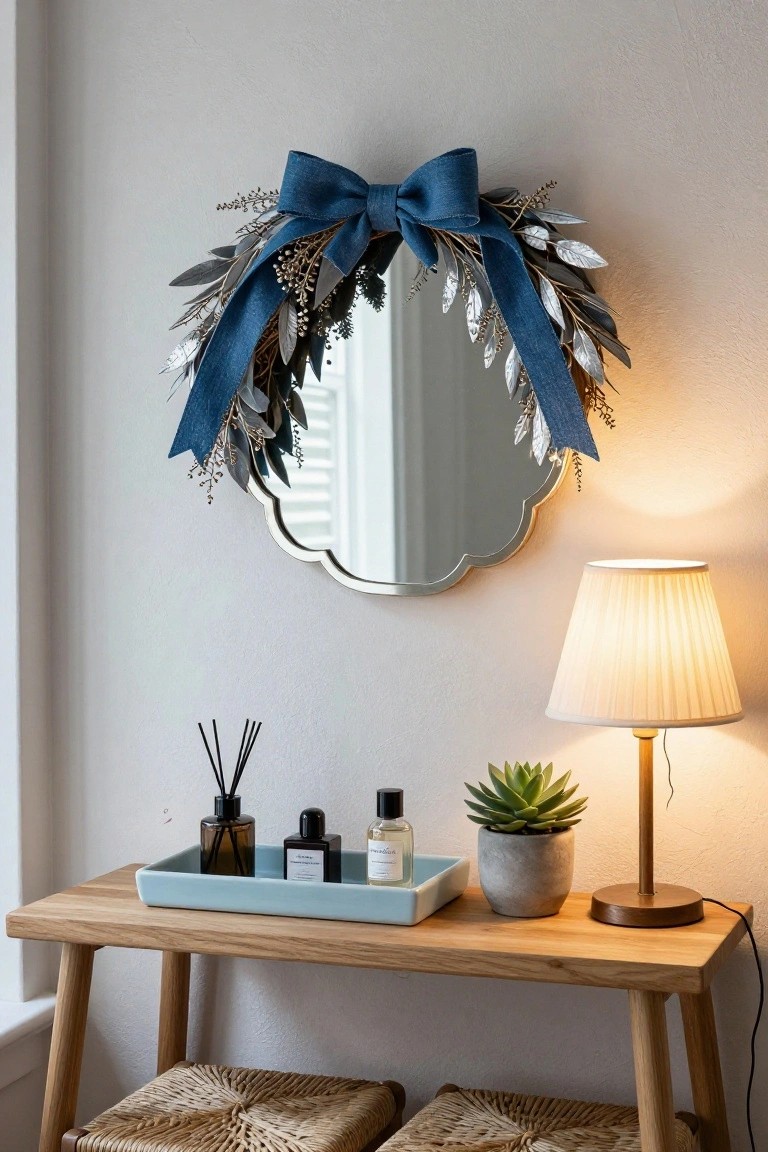 A navy blue Christmas wreath with silver eucalyptus leaves and a large denim bow surrounds a scalloped silver mirror hanging above a wooden console table that holds a reed diffuser, candles, a small plant, and a lamp, with two wicker stools nearby.
