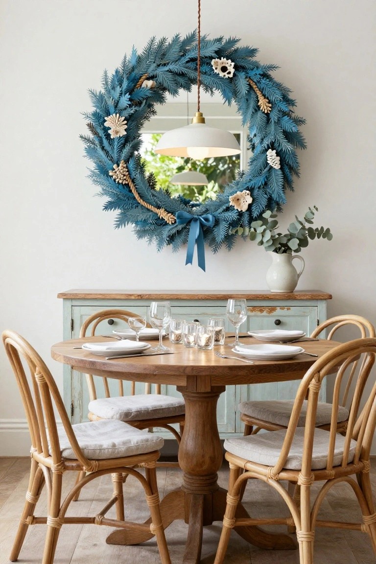 A large blue Christmas wreath with shells, pinecones, and rope hangs in front of a round mirror above a round wooden dining table set with white plates and glassware, surrounded by rattan chairs next to a painted wooden sideboard in a white room.