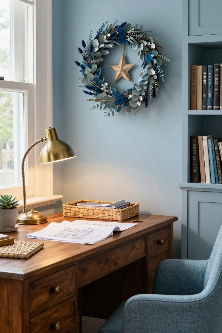 A navy blue eucalyptus Christmas wreath with a gold star hangs on a light blue wall above a wooden desk in a home office, next to built-in bookshelves, with a gold desk lamp, potted succulent, and woven tray on the desk.