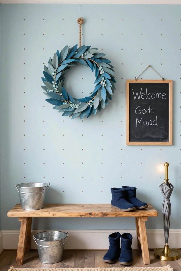 Pale blue polka dot wall in an entryway with hanging blue leaf wreath, wooden framed chalkboard sign reading 