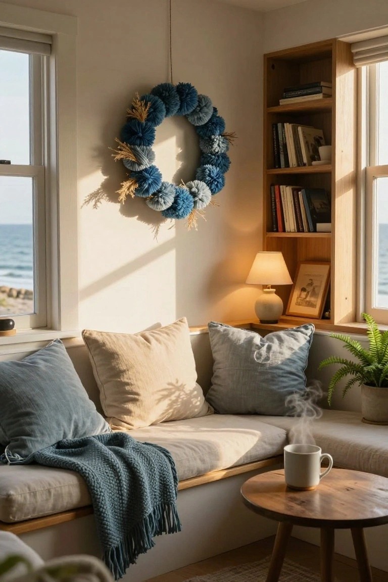 Indoor corner with built-in beige window seat covered in cream and blue pillows and a blue knit blanket, wooden coffee table holding a steaming white mug, oak bookshelf with books, table lamp, potted plant, and large blue yarn pom-pom wreath on wall next to windows overlooking ocean.
