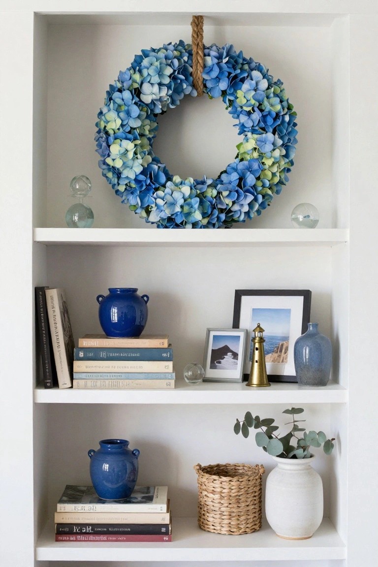 White open bookshelf with a rope-hung blue hydrangea wreath at the top flanked by glass orbs, blue ceramic vases and jars on shelves with books, framed photos, a gold lighthouse, and eucalyptus branches in a white vase on the bottom shelf.