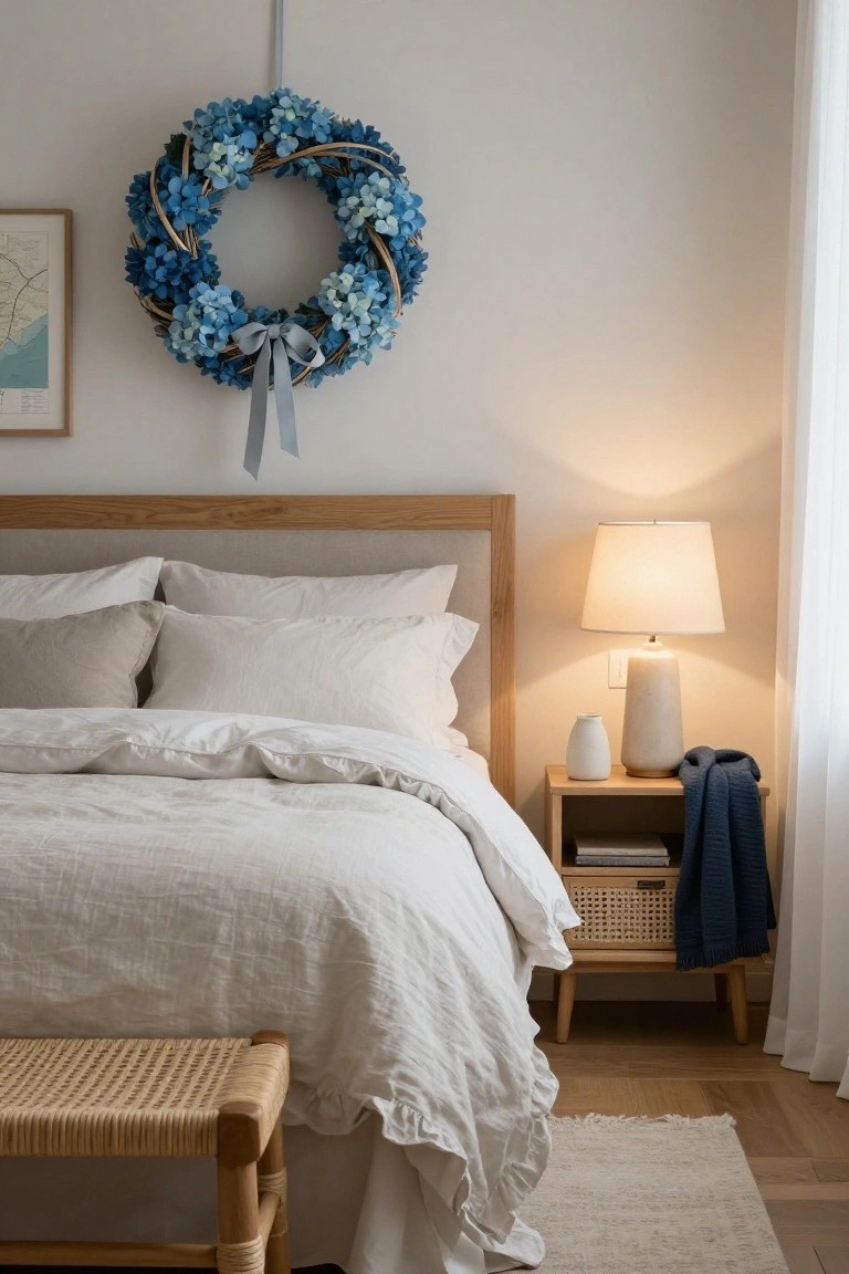 A wreath of blue hydrangeas with a light blue ribbon hangs on a white wall above a bed with white linens, beside a nightstand with a ceramic lamp and vase in a light bedroom.