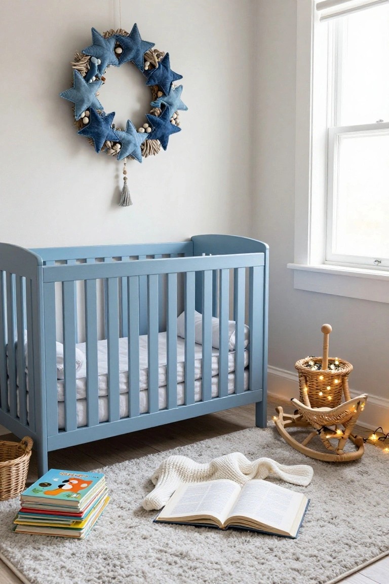 A nursery room with light gray walls, a blue wooden crib with white bedding, stacks of children's books and an open book on a gray rug, a wooden rocking horse, a basket with fairy lights, and a large blue fabric star wreath with driftwood hanging on the wall by a window.