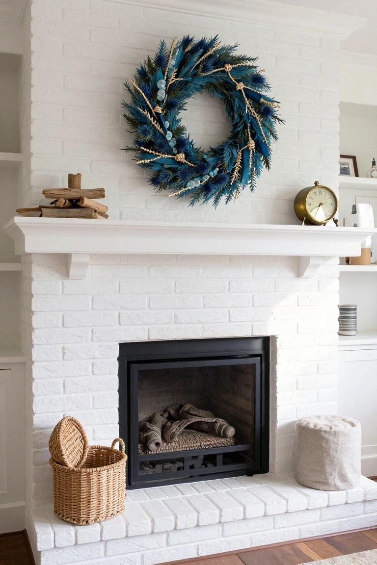 A large artificial blue wreath with thistle, pine, shells, and gold accents hangs above a white brick fireplace with a burning log fire inside, wooden driftwood on the mantel, and a wicker log basket on the hearth.