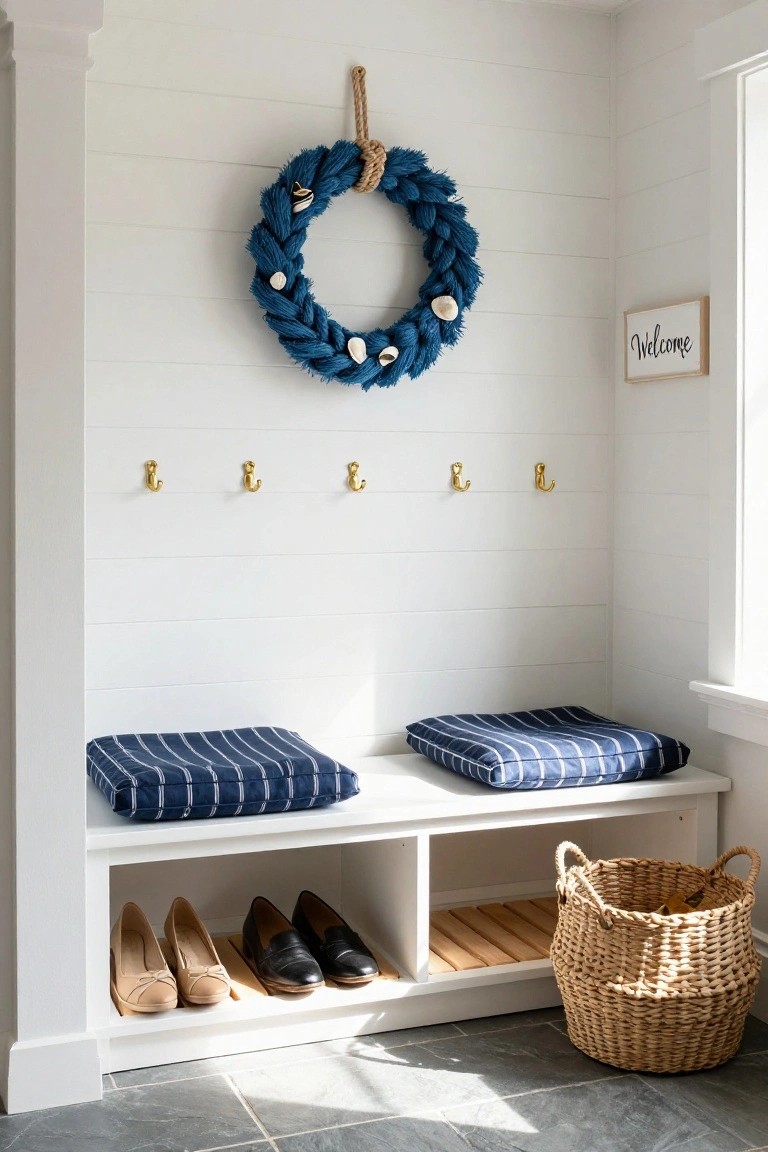 White shiplap mudroom featuring a built-in bench with navy striped cushions, open shoe storage below holding women's shoes, gold wall hooks, a blue rope wreath with shells, a welcome sign, and a wicker basket on a slate tile floor.