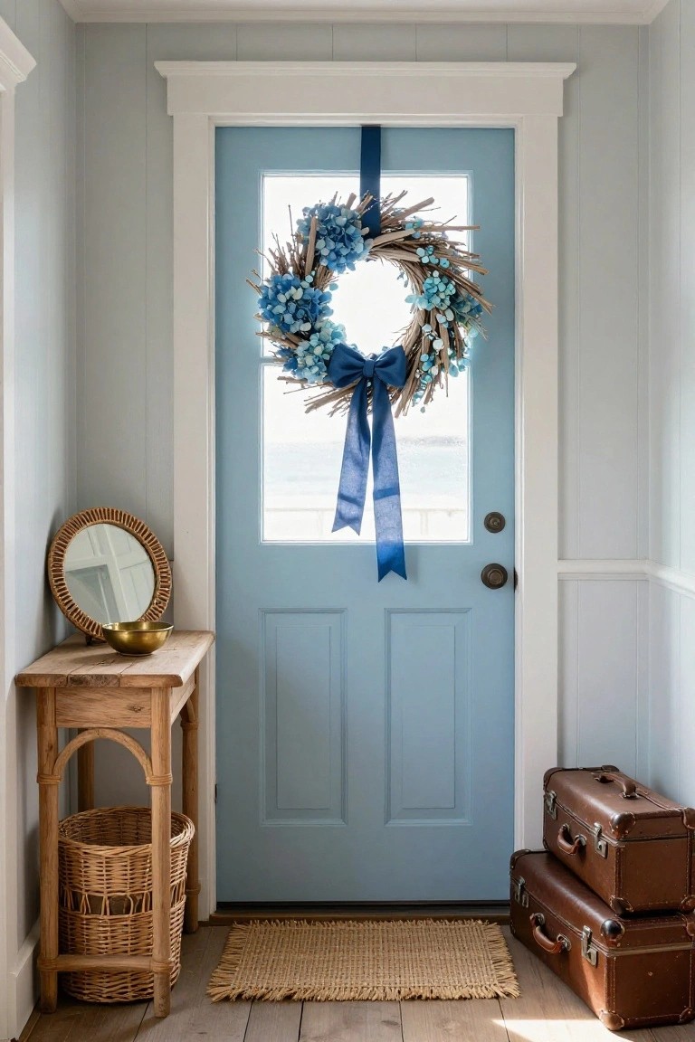 Light gray shiplap walls in an entryway next to a turquoise paneled front door with a window, decorated with a wreath of blue hydrangeas, driftwood twigs, and berries tied by a navy ribbon bow, beside a wooden console table with rattan mirror, brass bowl, and basket, two leather suitcases on the floor, and a seagrass rug.