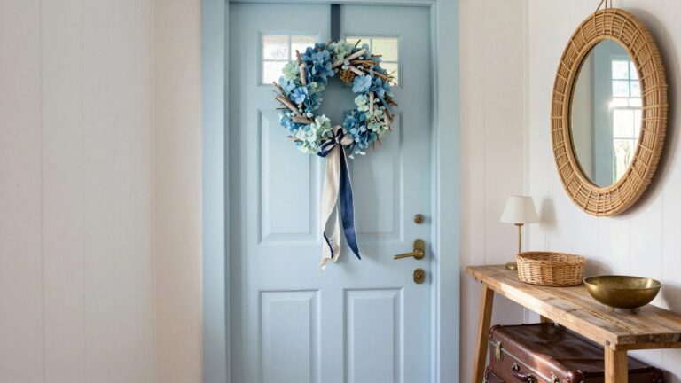 Light gray shiplap walls in an entryway next to a turquoise paneled front door with a window, decorated with a wreath of blue hydrangeas, driftwood twigs, and berries tied by a navy ribbon bow, beside a wooden console table with rattan mirror, brass bowl, and basket, two leather suitcases on the floor, and a seagrass rug.
