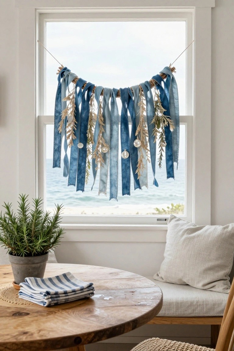 Window in a light interior hung with frayed blue ribbons, dried grasses, shells, and olive branches over a wooden table with striped napkins, potted rosemary plant, beige pillow on bench, and ocean beach view outside.
