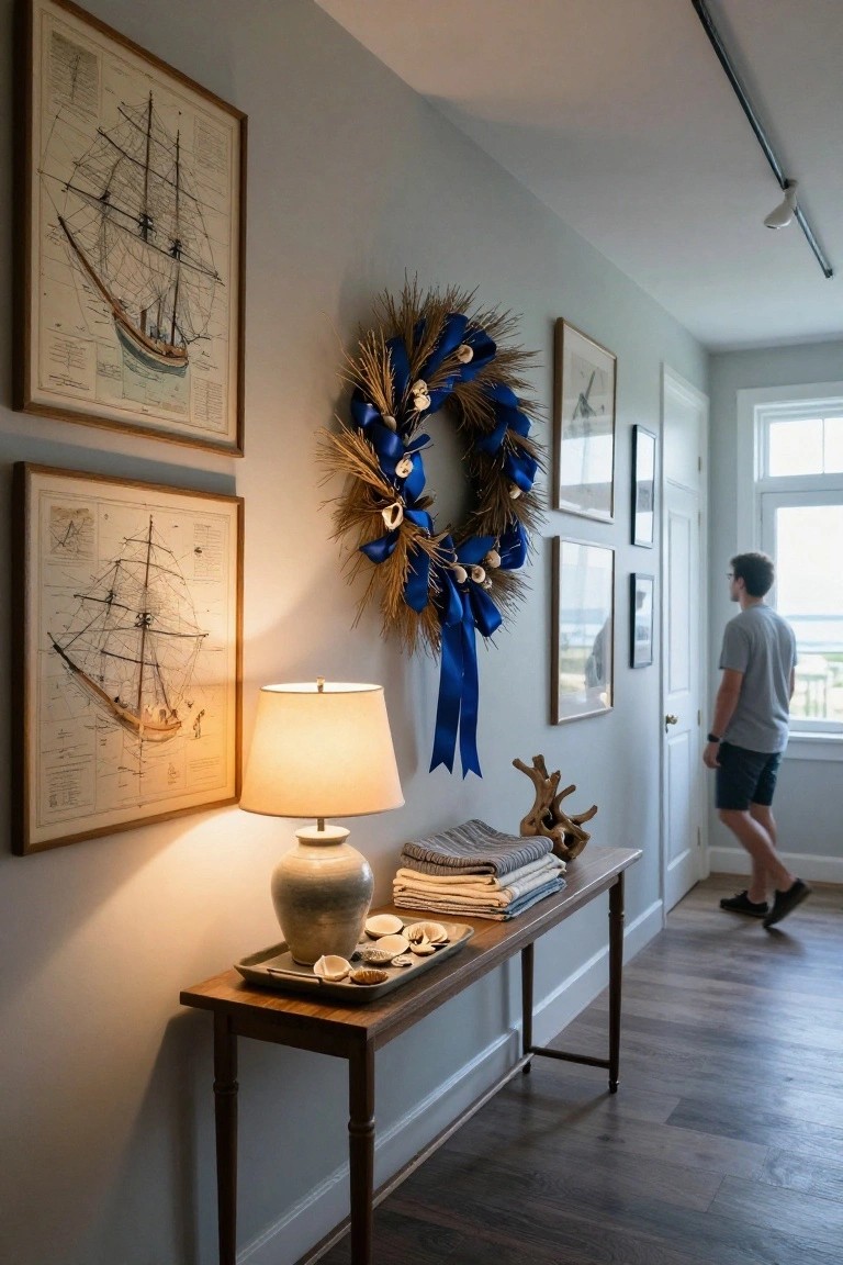 Light gray hallway with two framed nautical ship drawings on walls, blue ribbon wheat wreath hanging centrally, wooden console table below holding ceramic lamp, oyster shells, folded neutral linens, and driftwood, man in gray t-shirt and shorts walking toward sunlit window at end of hall.