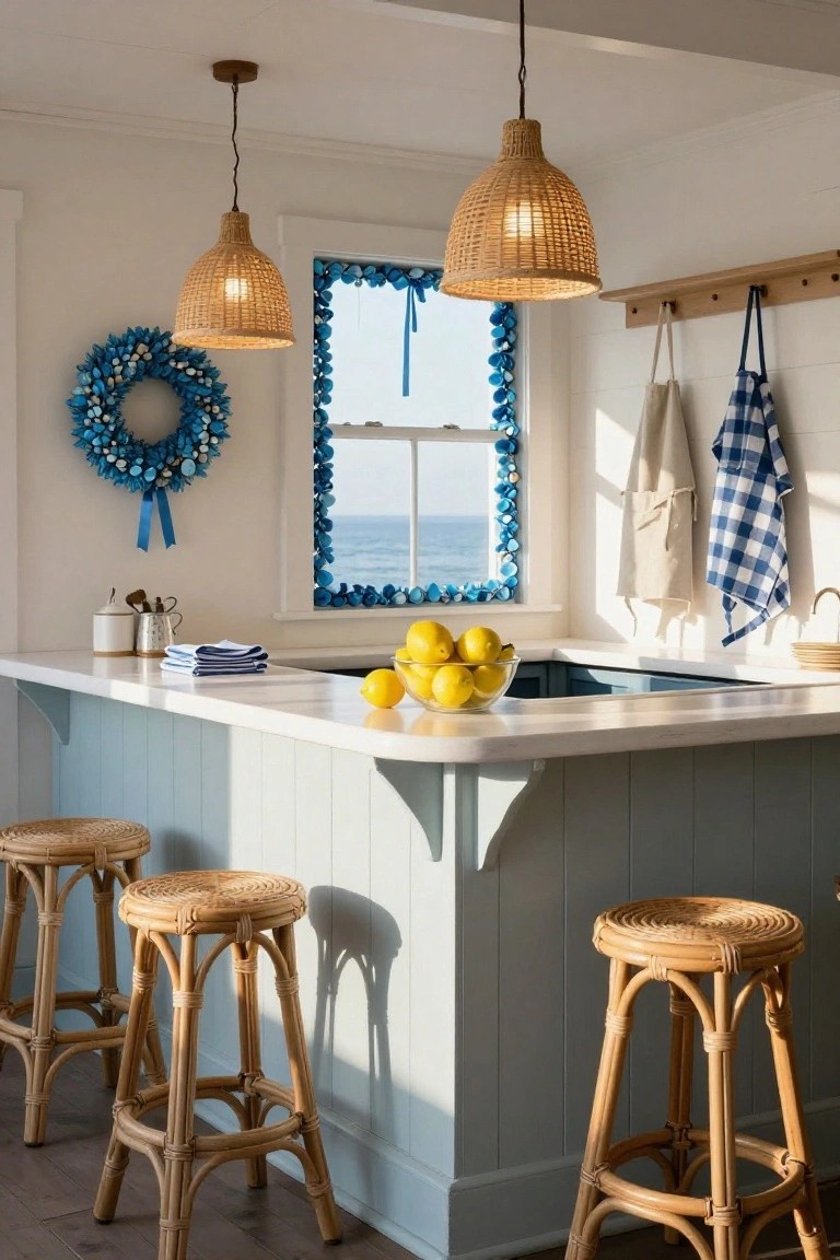 Coastal kitchen with white countertop bar, rattan stools, bowl of lemons, blue shell Christmas wreath on window overlooking ocean, hanging rattan lights, and kitchen towels on wood rack.