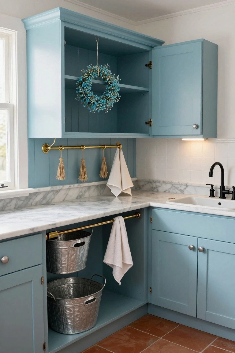 Blue painted cabinets in a laundry room with open upper shelving displaying a blue baby's breath wreath, lower open storage holding two galvanized metal buckets, white farmhouse sink on marble countertop, towels on brass rods, and terracotta tile floor.