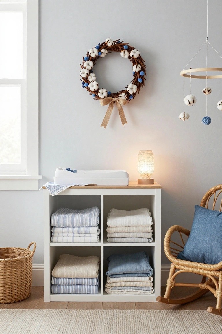Light gray nursery with white cube dresser holding stacked blue and white linens, white changing pad on top, rattan rocking chair with blue pillow, wooden mobile with white and blue cotton bolls hanging from ceiling, cotton boll wreath with blue berries and bow on wall above dresser, wicker basket on floor, seagrass rug.