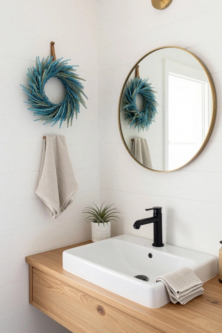 White shiplap bathroom corner with a blue textured wreath hanging on the wall near a large round gold mirror that reflects it, wooden floating vanity with white sink and black faucet, hanging towel, stacked towels, potted plant, and soap dispenser.
