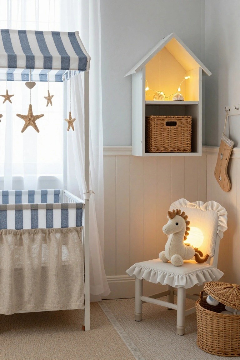 Nursery corner with white crib under blue-and-white striped canopy and starfish mobile, wooden house shelf holding fairy lights and wicker basket, frilly white chair with unicorn lamp, Christmas stockings on wall, and baskets on floor.
