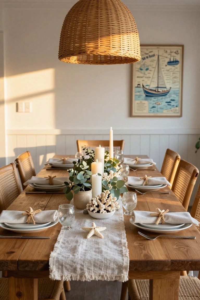 Wooden dining table set with white plates, linen napkins tied with rope and shells, eucalyptus and candle centerpiece, scattered starfish and coral, rattan chairs, and woven pendant light in a white-walled room.