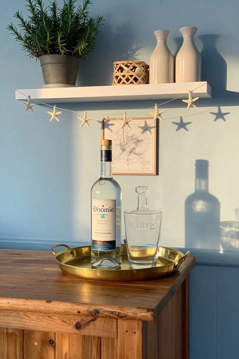 Indoor vignette on wooden dresser with brass tray holding clear Brianie gin bottle and Mount Gay rum glass, rosemary plant on white shelf above with starfish garland, nautical map, white vases, and blue wall backdrop.