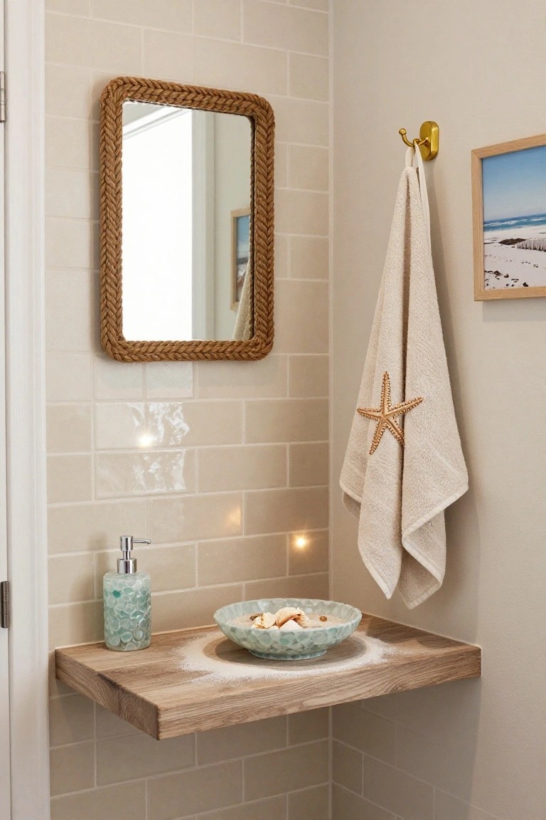 Corner of a light beige tiled bathroom with a floating wooden shelf holding a turquoise bowl of shells and a sea glass soap dispenser, a rope-framed mirror on the wall, a white towel with gold starfish hanging on a hook, and a framed beach photo.