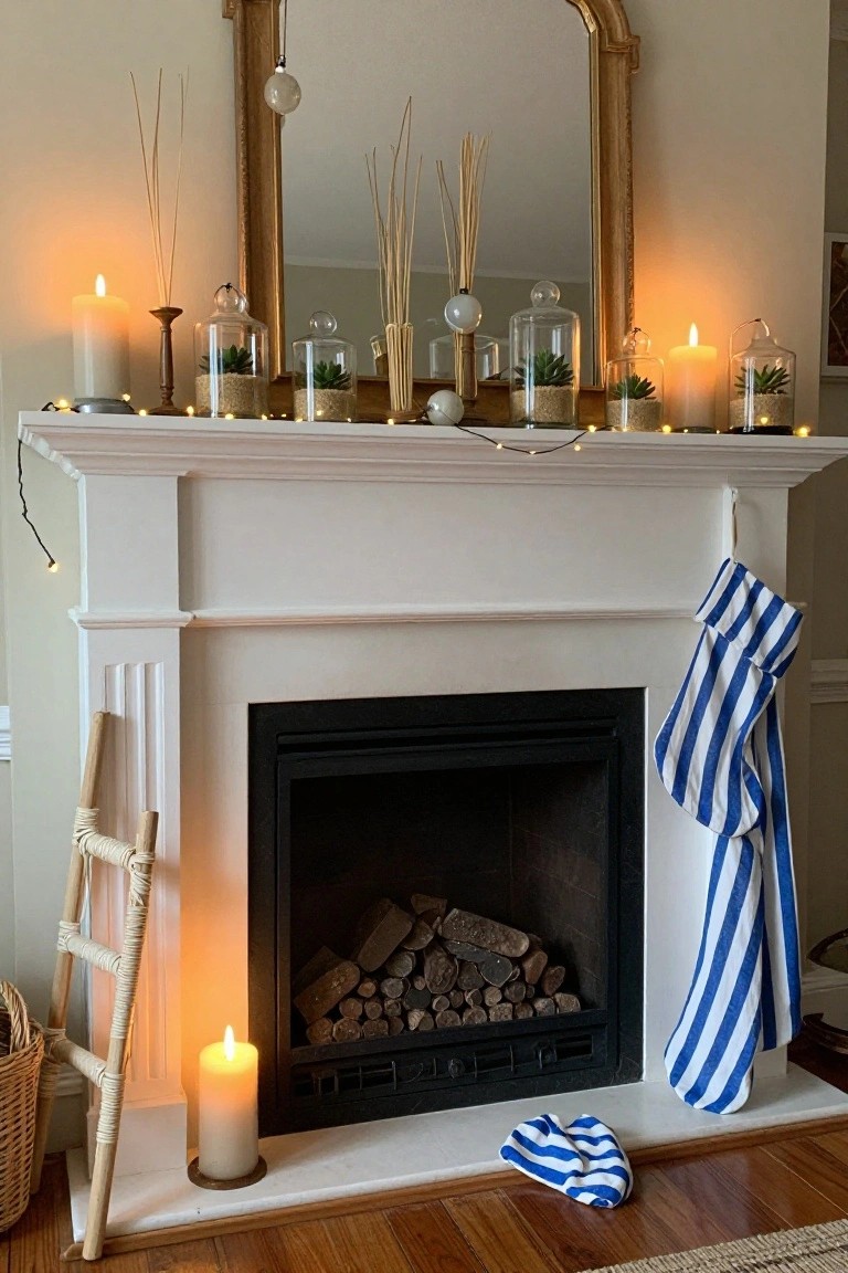 Cozy fireplace mantel with candles, plants, mirror, and a blue-striped towel.