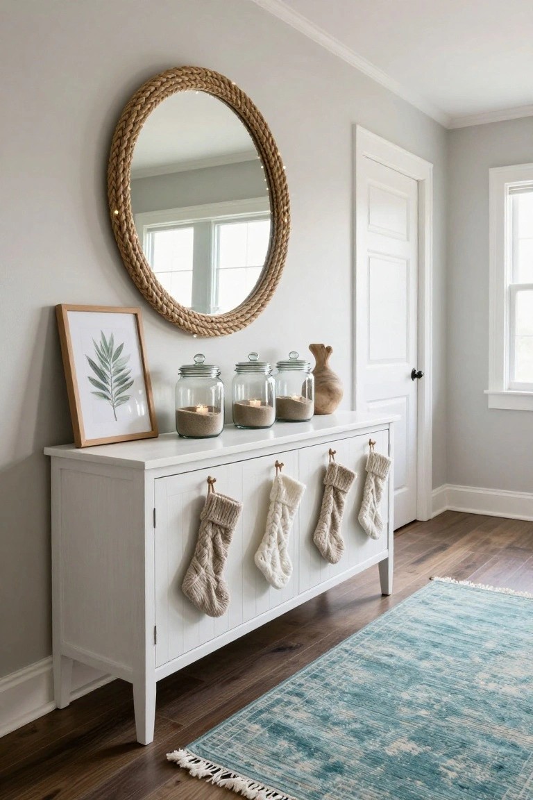 White console table against light gray wall in a room with knit Christmas stockings hanging from brass knobs, glass jars filled with sand and candles on top, a rope-wrapped round mirror, framed leaf artwork, and a blue rug on wood flooring.