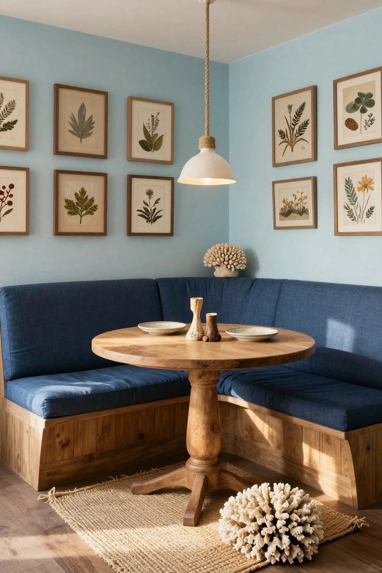 Blue upholstered L-shaped banquette with wooden base around a round pedestal table holding plates and candleholders, in a light blue corner room with framed botanical prints on walls, white pendant light, coral sculptures, and seagrass rug on wood floor.
