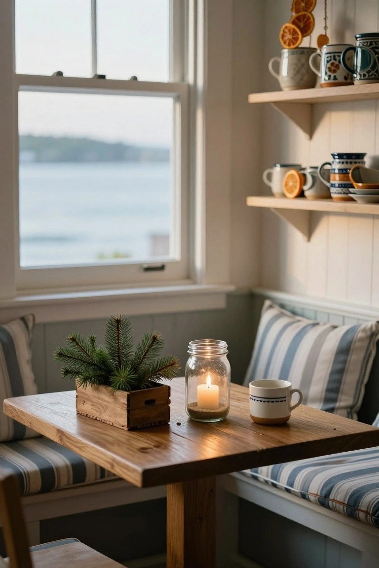 Cozy kitchen nook with built-in striped bench seating around a wooden table, small potted fir tree in crate, lit candle in glass jar, white mug, and window overlooking sea, shelves with assorted mugs and dried oranges above.