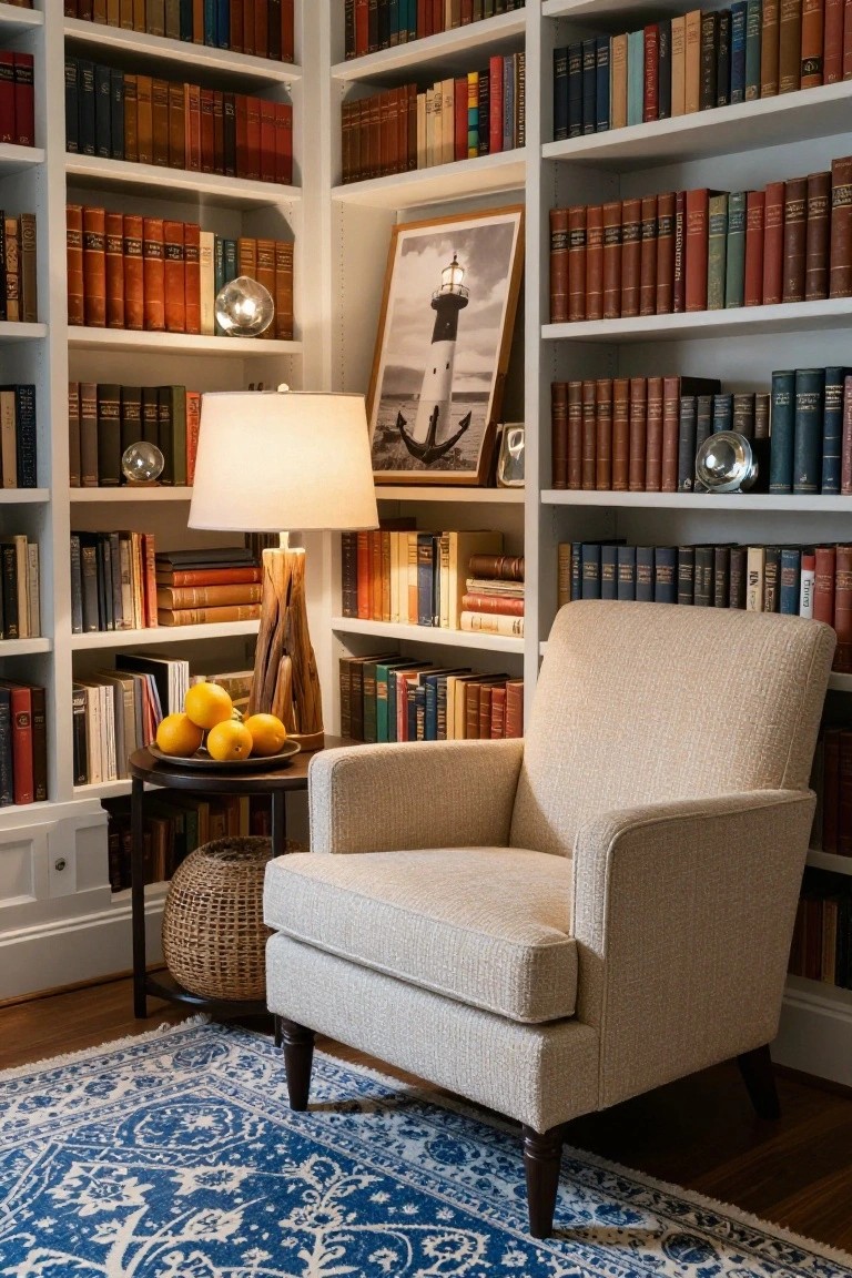 Cozy reading nook with a beige chair, bookshelves, a lamp, and a bowl of lemons.