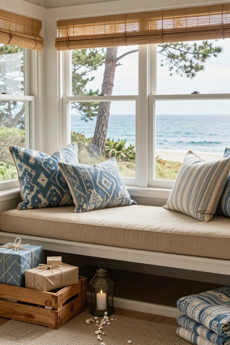 Beige cushioned window seat under large windows with bamboo shades, blue patterned pillows and white striped pillows, wrapped gifts in a wooden crate, lit metal lantern, seashells on wood floor, and ocean view outside.