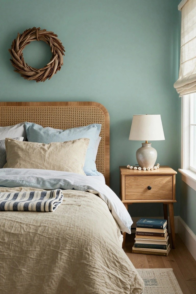 Bedroom corner featuring a rattan headboard bed with beige and blue linen bedding, wooden nightstand with ceramic lamp and seashell necklace, driftwood wreath on teal wall, and window with shades.