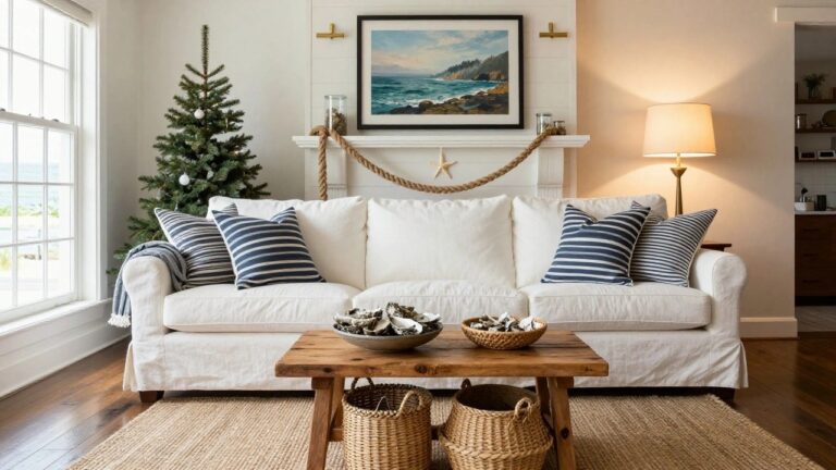 White brick fireplace mantel in a living room decorated with beige rope garland, white starfish, glass candles, and a small potted Christmas tree next to a beige sofa and wooden coffee table holding oyster shells.