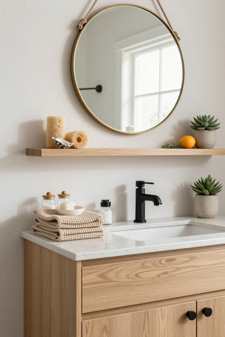Light oak wood bathroom vanity with white marble countertop and black matte faucet, round brass mirror hung by rope, oak shelf with loofahs plants and orange, countertop with jars towels and soap dish, plus potted succulents.