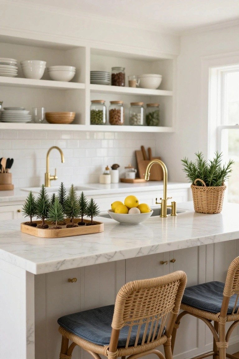 White kitchen island with marble countertop, gold faucet and sink, wooden tray of mini potted Christmas trees, bowl of lemons, potted rosemary plant, and two rattan bar stools with blue cushions.