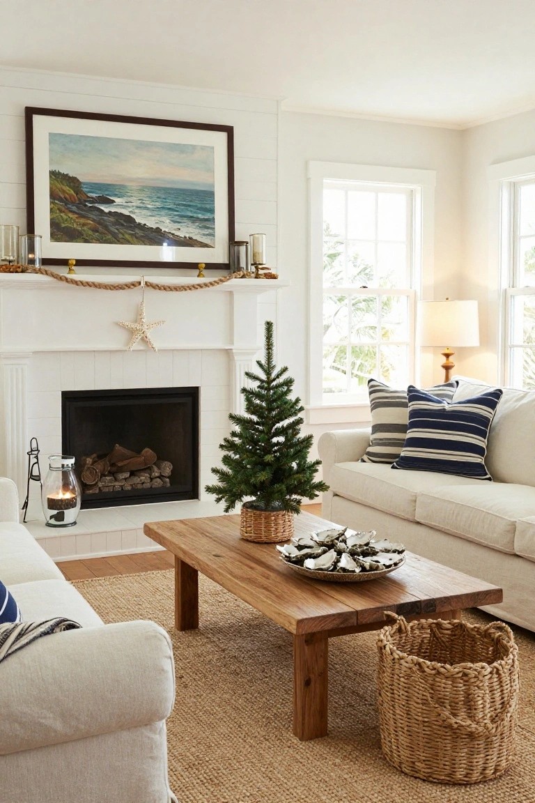White brick fireplace mantel in a living room decorated with beige rope garland, white starfish, glass candles, and a small potted Christmas tree next to a beige sofa and wooden coffee table holding oyster shells.