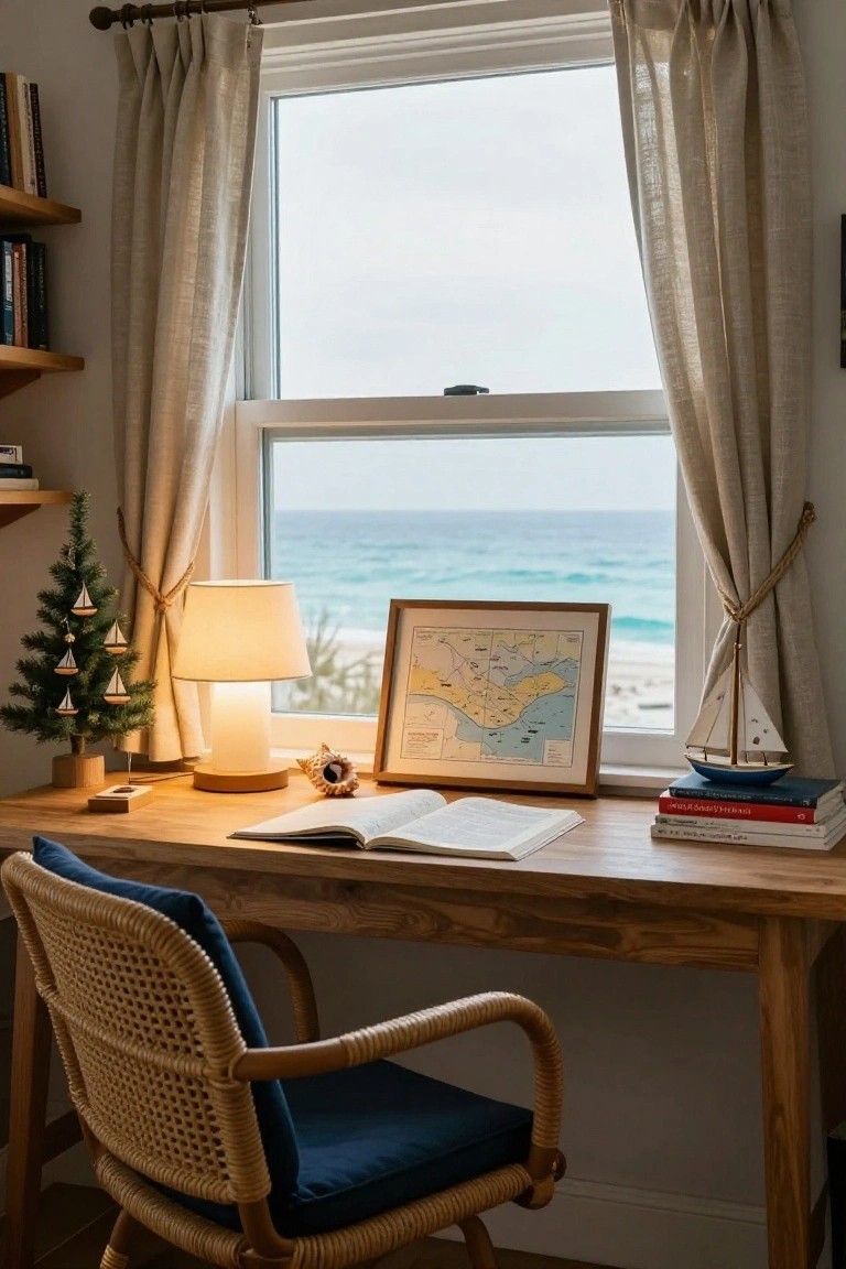 Wooden desk holding an open book, stacked books, lamp, conch shell, framed nautical map, and model sailboat in a room with bookshelves, two small Christmas trees decorated with sailboat ornaments, linen curtains at a window overlooking the ocean, and rattan chair nearby.