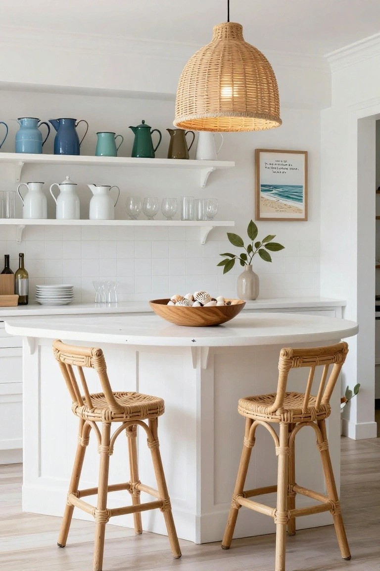 White curved kitchen island with two rattan bar stools, a wooden bowl of seashells on top, under a large woven rattan pendant light, open shelves with colorful enamelware pitchers and white ceramics in the background.