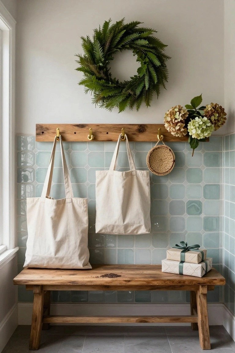 Entryway corner featuring a wooden wall rail with brass hooks holding two canvas tote bags and a woven basket, a green fern wreath above, hydrangea bouquet nearby, two wrapped gifts on a wooden bench below, against light blue tiled walls and a window.