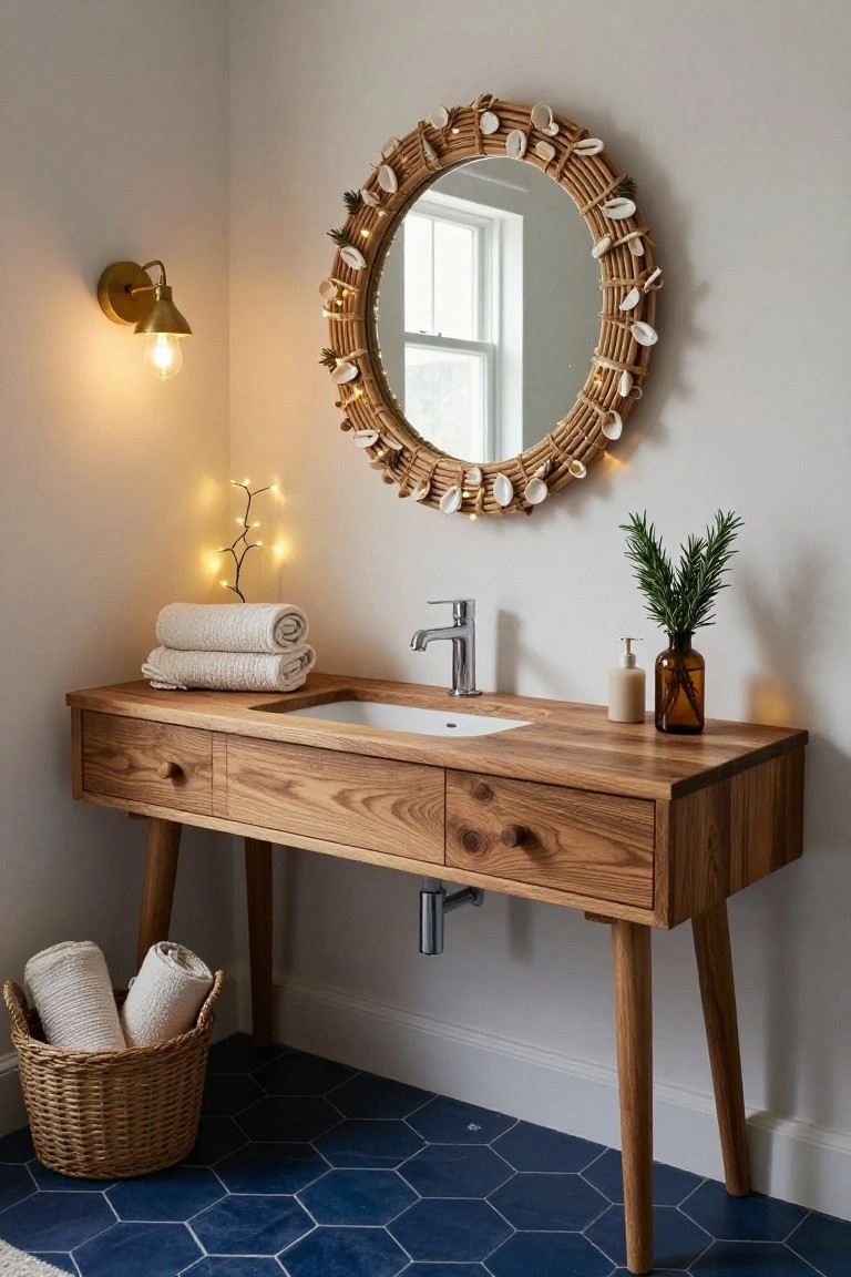 Bathroom corner with wooden mid-century style vanity and sink, round rattan mirror decorated with seashells and fairy lights, folded white towels on vanity and in wicker basket, rosemary in glass bottle, wall sconce, and blue hexagonal floor tiles.