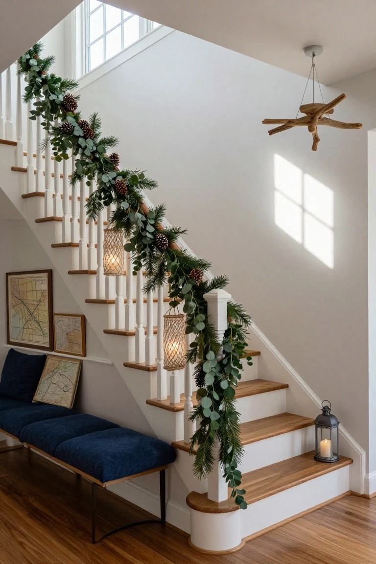 White wooden staircase with railing wrapped in green garland, eucalyptus leaves, pinecones, and hanging knotted rope lanterns lit from within, next to a navy blue bench and framed maps on the wall.