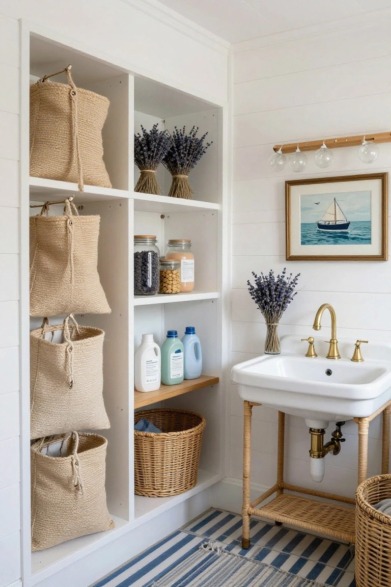 White open shelving unit in a shiplap-walled laundry room filled with hanging seagrass baskets, glass jars of beans and snacks, detergent bottles, wicker baskets, next to a white farmhouse sink on rattan stand with gold faucet, lavender bundles, and nautical boat painting.