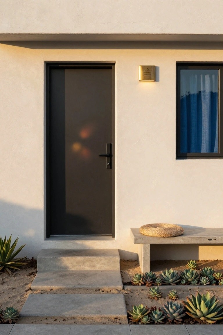 White stucco house exterior featuring a black front door with gold wall light, blue-curtained window, concrete steps, bench with straw hat, and succulent plantings in sand.