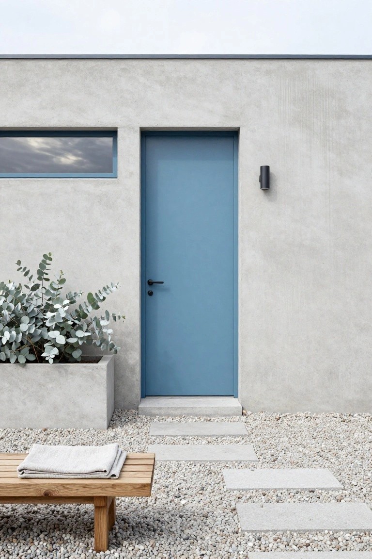 Gray stucco house exterior featuring a slim blue front door with black handle, small horizontal window above, black wall light, potted eucalyptus plant, and wooden bench on gravel ground with stone pavers.