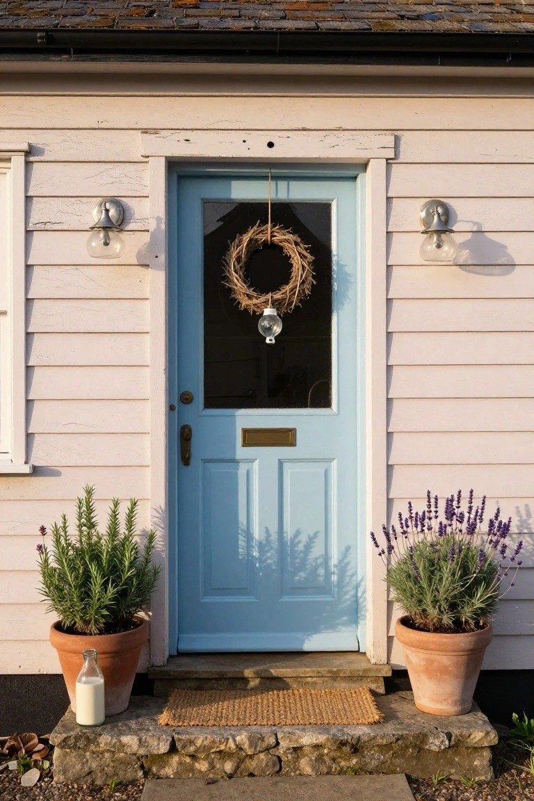 Pale clapboard house with bright blue front door hung with a wreath and glass pendant, flanked by terracotta pots of rosemary and lavender plants, glass milk bottle on stone doorstep.