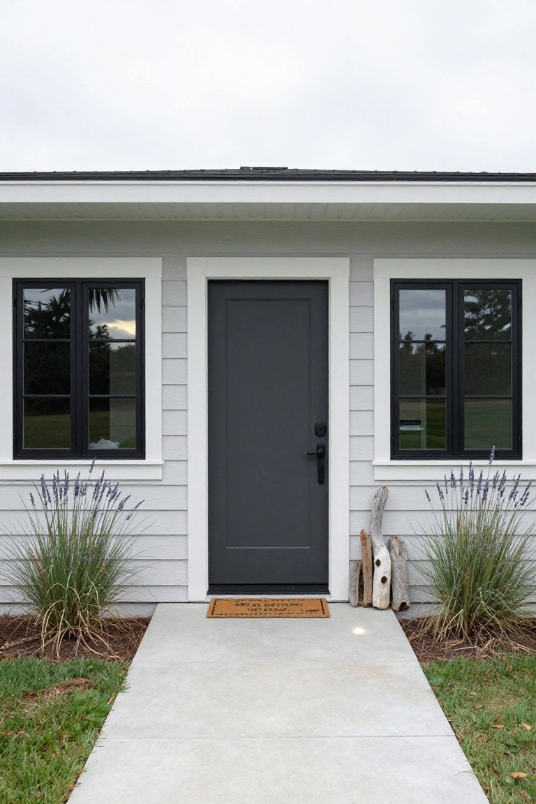Light gray shingled house facade with black-framed double-hung windows flanking a centered dark gray front door, lavender plants and stacked driftwood beside the concrete entry path with a brown welcome mat.
