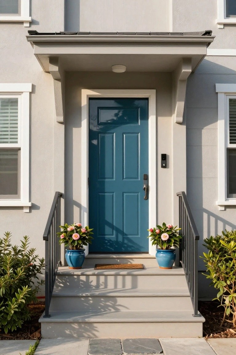 Modern house front with teal six-panel door, black metal handrail on steps, two blue ceramic pots with pink flowers flanking the door, neutral gray siding, and a door mat on concrete steps.